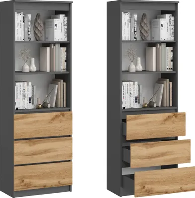 Produktbild von Aktenregal Standregal mit 3 Schubladen und 3 offenen Fächern 60 cm Maja hoher Schubladenschrank aus MDF Holz, 60x35x180 cm (BxTxH), Anthrazit mit Eiche