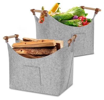 Obrázok produktu pre ISOISL, 2 kusy, kôš na drevo, vlnený kôš, 45 x 40 x 32 cm, hrúbka 3 mm, skladací, s drevenými rúčkami a bočnými vreckami, svetlosivý