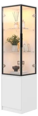 Image de Vitrine d'exposition de 40 x 40 x 160 cm, modèle d'angle avec éclairage LED contrôlé par application, portes en verre trempé avec cadre en aluminium, étagères en verre, couleur blanche