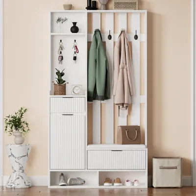 Immagine prodotto di Appendiabiti con contenitore per scarpe, dimensioni 100x30x180 cm, pensile per l'ingresso con 8 ganci, cassetti, armadietto e ripiani aperti, colore bianco