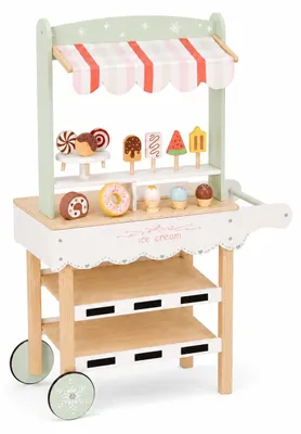 Produktbild von Kinder-Eisstand aus Holz von GINGER HOME, kleiner Laden auf Rädern, MDF, 44/57 × 28 × 95,5 cm, Montessori-Spiel