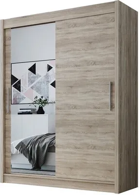 Produktbild von Easy4You D1 120 cm Trüffel Schiebetüren Kleiderschrank 120x200x58 cm mit Spiegel - Schlafzimmermöbel, Aufbewahrung - Mehrzweckschrank