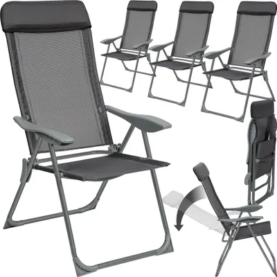 A collage of images showing multiple garden chairs, including one in the foreground and others in the background, as well as a folded chair and an illustration of how the chair reclines.