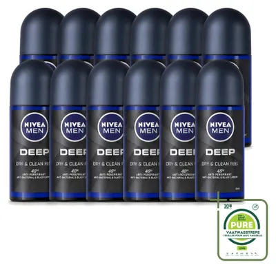 Produktbild von 12 x NIVEA MEN Deep Deodorant Roll-On mit Aktivkohle - 50 ml - Großpackung - 12 Stücke