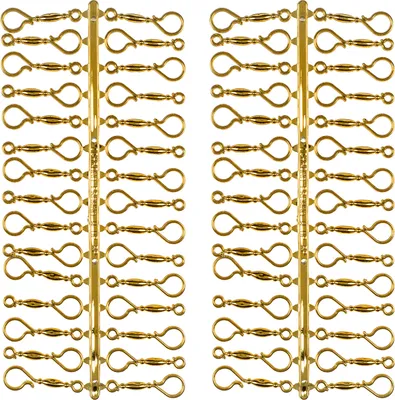A collection of gold-colored Christmas ornament hooks arranged in two columns on a white background.