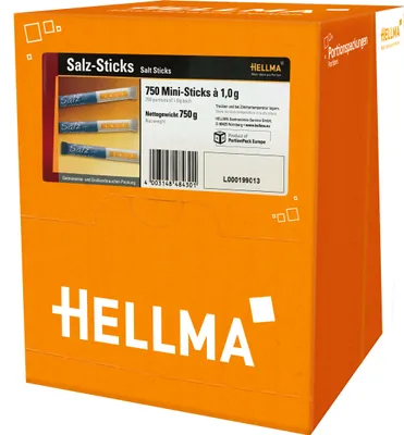 A cardboard box containing individually packaged salt sticks.