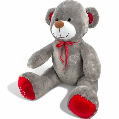 A studio shot of a large, grey teddy bear sitting on a white background.