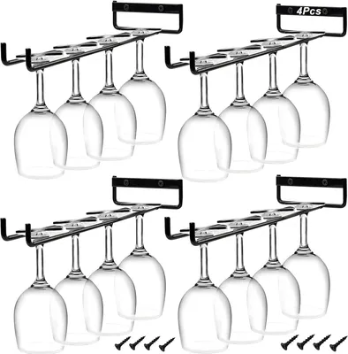 Produktbild von bedee Weinglashalter, für 4 Gläser, Unter dem Schrank hängend, Eisen, schwarz, robust, rostfrei, platzsparend, leicht zu reinigen, 30 x 13 x 2.4 cm, vielseitig für Küche, Bar, Restaurant