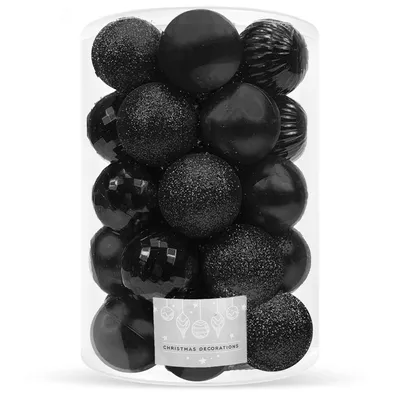 A clear, well-lit product shot of a container filled with black Christmas ornaments.