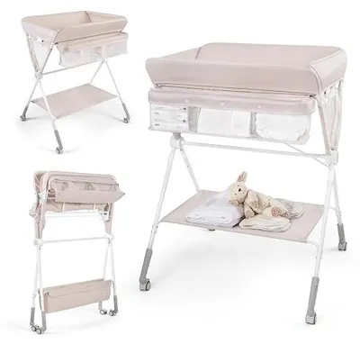 Produktbild von 3 in 1 Wickeltisch klappbar, mobile Wickelkommode mit Rollen, Wickelstation höhenverstellbar mit Mülleimer & Aufbewahrungskorb, tragbare Wickelauflage bis 11 kg Belastbar (Beige)