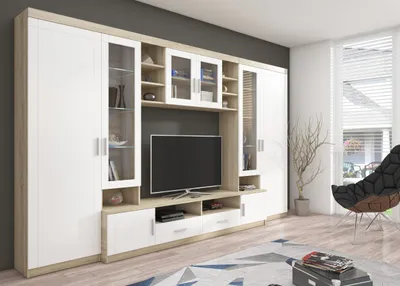 Produktbild von TOP Wohnwand Paris Anbauwand Wohnkombi Wohnzimmer MDF Weiss + Sonoma Eiche matt