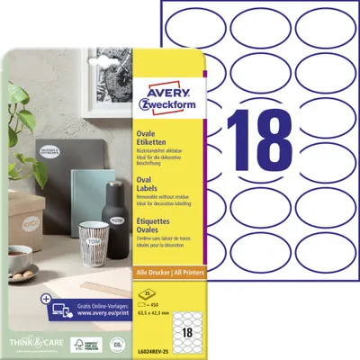 Produktbild von Avery Zweckform L6024REV-25 Ovale Etiketten, ablösbar, A4, 63,5 x 42,3 mm, 25 Bogen/450 Etiketten, weiß