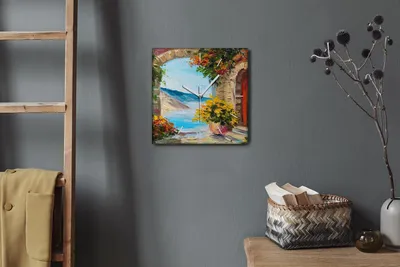 Produktbild von Coloray Hodiny Unikátní 30x30 cm  Tiché hodiny Pro obývací pokoj a kuchyň Nástěnné hodiny Plátno Bílé ručičky hodin - Květiny dům moře