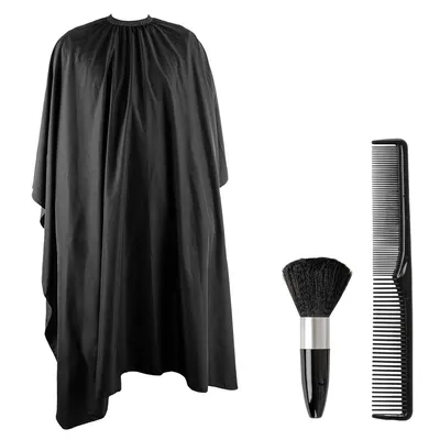 A black hairdressing cape, a black comb, and a black powder brush are displayed against a white background.