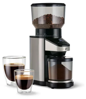Produktbild von Tchibo elektrische Kaffeemühle, eingebaute Waage, Edelstahlmahlwerk, Kegelmahlwerk 26 Mahlgradeinstellungen, Schwarz/Silber