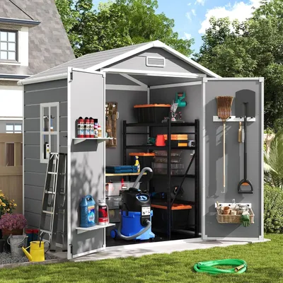 Image de Abri de jardin en résine plastique, résistant aux intempéries, dimensions 183 x 137 x 210 cm, couleur gris/blanc