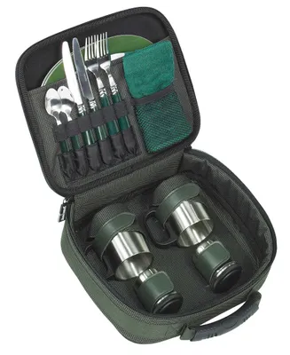 An open picnic bag with cutlery and cups inside.