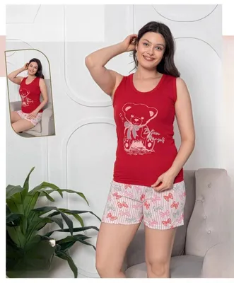 Produktbild von Damen Pyjama Schlafanzug Shorty Kurz Rot L 2-Teiler Set L-97