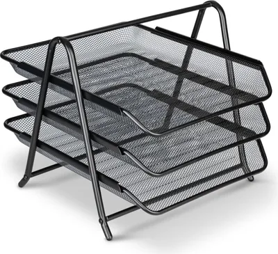 Produktbild von Dokumentenablage, Schreibtisch Organizer, Metall, Schwarz, Stabil, 3 Ablagefächer, ausziehbare Schubladen, A4, Netzoptik, 20% mehr Ablagevolumen, schreibtischschonende Ablagefüße