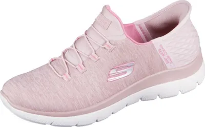 A single pink Skechers shoe is shown against a white background.