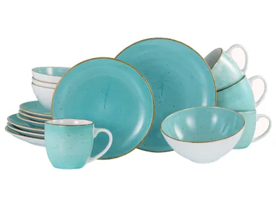 A collection of turquoise and white ceramic dishes and cups with gold trim, arranged on a white background.