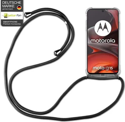 A black lanyard with a clear phone case attached to a Motorola Moto G15 phone.