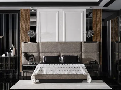 Produktbild von Elegantes schwarzes Holzbett mit zwei Nachttischen im modernen Design