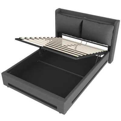 Produktbild von LVHOM Polsterbett 140x200cm mit LED und Nachtlicht, Doppelbett mit Lattenrost und USB, Hydraulisches Boxspringbett mit Stauraum, Jugendbett Samt, Grau