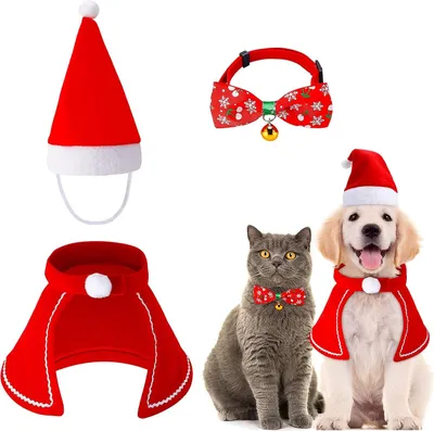 Produktbild von 3 Stück Weihnachts-Hundekostüm Katzenkostüm, Weihnachtskleidung mit Weihnachtsmütze Fliege Halsband roter Umhang für Hunde und Katzen Outfit für Hunde und Katzen