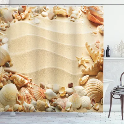 Produktbild von ABAKUHAUS Schale Duschvorhang, Seashellsfeld mit Sand exotischen Sommerferien Ozean Souvenirs Unscharfe Fotografie, 175 x 200 cm, Mehrfarbig