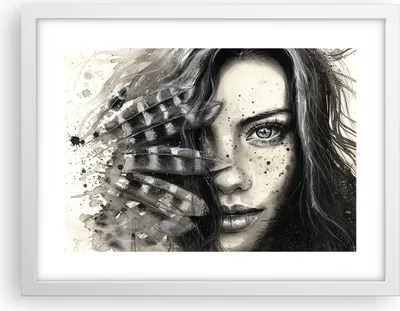Produktbild von Gerahmtes Poster - Weißer Rahmen - Frau Federn Lippen Kunst. - 40x30 cm - Wand Bild - Wanddeko - Wandbilder - Kunstposter - Wandposter - Bilderrahmen - Bilder - Kunstdruck - Wandbild - P2WAA40x30-2874