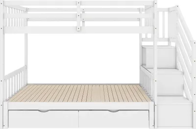 Produktbild von Flieks Etagenbett 90x200cm/180x200cm mit Ausziehbett, Hochbett mit Treppe & Staufach, Kinderbett mit 2 Schubladen, Stockbett Holzbett 2 Kinder, Weiß