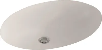A top-down, slightly angled view of a white oval sink with a silver drain.