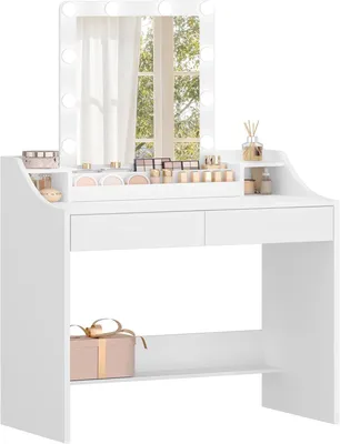 Productafbeelding van Kaptafel 90 cm met led verlichting en spiegel in hoogte verstelbare helderheid wit
