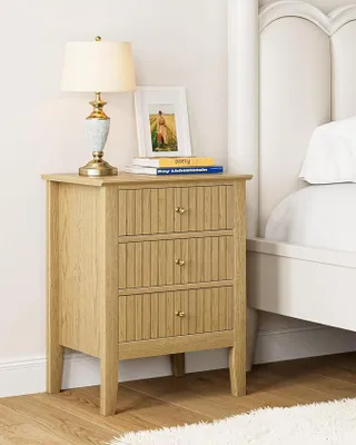 Produktbild von Vintage Nachttisch mit 3 Schubladen, Retro Nachtkommode in Heller Eichenoptik, Beistelltisch für Schlafzimmer und Wohnzimmer, 45 x 33 x 61 cm