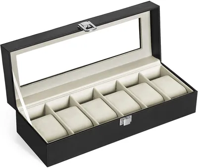 Obrázek produktu pro SONGMICS Box na hodinky pro 6 hodinek, box na hodinky se skleněným víkem, sametový polštářek na hodinky, pouzdro na hodinky se zámkem, 30 x 11,2 x 8 cm,Polyuretanpotah v černé barvě, sametová podšívka v béžové barvě JWB06BE
