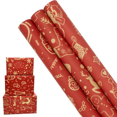Image de Papier d'emballage, 3 rouleaux, kraft, rouge, motif de Noël, 43 cm x 3 m