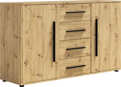 Produktbild von Wohnzimmer Sideboard mit 150 cm Breite, Eiche mit schwarzen Griffen, mit 2 Türen & 4 Schubladen - MOLLERUSA-132
