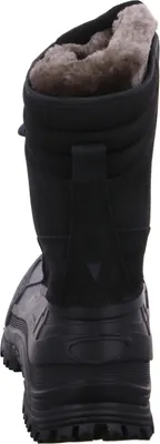 A black snow boot shown from the back.