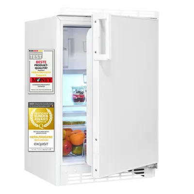 A white under-counter refrigerator with its door open, showing shelves with food items and several award stickers on the exterior.