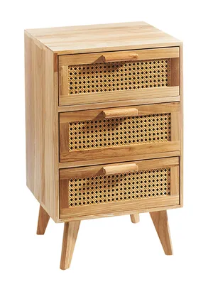 A wooden nightstand with three drawers featuring woven fronts and wooden handles, set against a white background.
