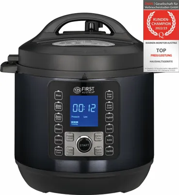 Produktbild von TZS First Austria Multikocher 6L, Schnellkochtopf elektrisch 1000W, 12 Programme, Timer, Edelstahl, Warmhaltefunktion, Dampfgarer, Reiskocher Grau-Schwarz