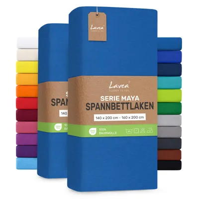 Produktbild von Lavea® 2er Pack Jersey Spannbettlaken 140/160x200 cm, 100% Baumwolle – Weiches Bettlaken für Matratzen bis 20 cm Höhe – Aquamarin