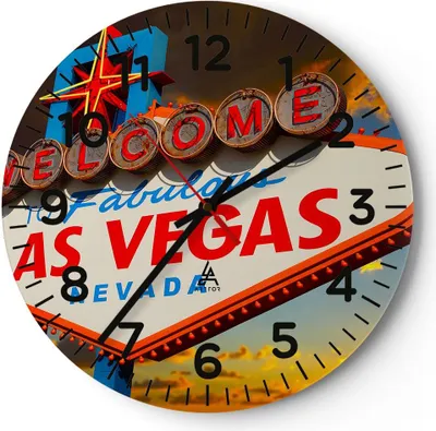 Produktbild von Wanduhr - Rund - Glasuhr - Amerika bestimmungsort las vegas - 30x30cm - Schleichendes Uhrwerk - Lautlos - zum Aufhängen bereit - Dekoration Modern - Wanddekoration aus Glas - C4AR30x30-2594