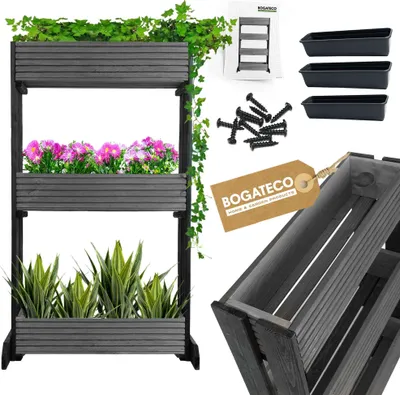 Produktbild von Set mit 3 Blumentöpfen auf einem Ständer | 3er Set Blumentopf Pflanzkübel 64x20cm | Holz Blumenkübel für Tomaten und Blumen, Pflanzentopf für Garten Balkon | 120cm Hoch BLACK