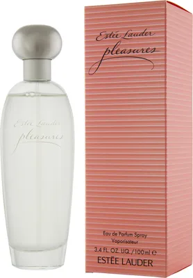 A bottle of Estee Lauder Pleasures perfume and its packaging are displayed side-by-side against a white background.