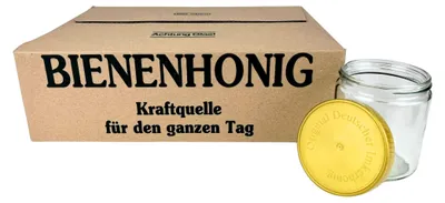 Zdjęcie produktu dla 60 x Neutralny zakręcany słoik 500g słoik miodu ze złotą pokrywką Neutralna pokrywka słoika z wytłoczeniem "Imkerhonig"