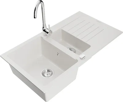 Produktbild von Mexen Matias 1,5-Becken-Granitspüle mit Abtropffläche und Mischbatterie Telma, Weiß - 6502-20-670200-00