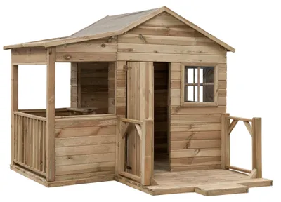 Produktbild von Belladoor Braun Grün Spielhaus Laura Kesseldruckimprägniert Kiefer Holz Garten Spielhaus für Kinder, Robustes Wetterfestes Spielgerät mit Rutsche und Sandkasten, Spielturm mit Veranda