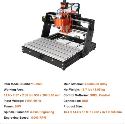 Produktbild von CNC-Fräsmaschine, 300W Spindel, großer Arbeitsbereich, 30 x 20 cm 120 W